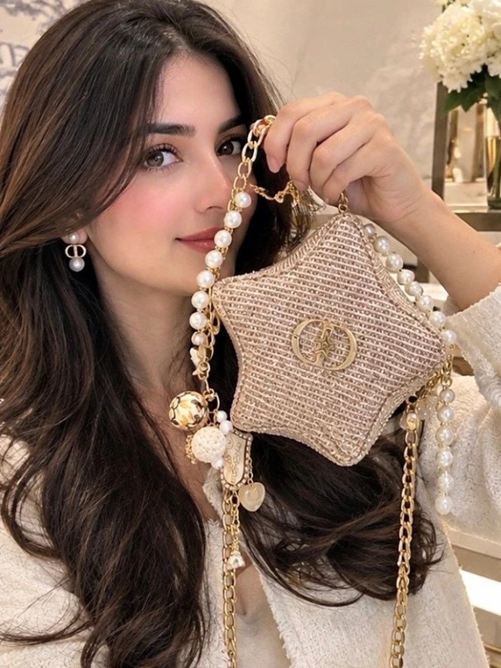 Dior Beaded Pearl-Trim Shoulder Bag in Beige & Gold